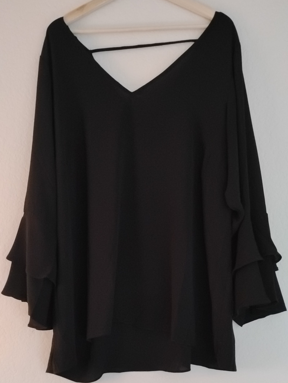 Sheer V-Neck/Back Ruffle Sleeve Blouse - Picture 2 of 9